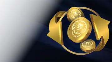 Illustration of rotating golden coins, featuring a lion symbol, representing the cashback bonus at Lev Gambling Platform, symbolizing the return of funds.