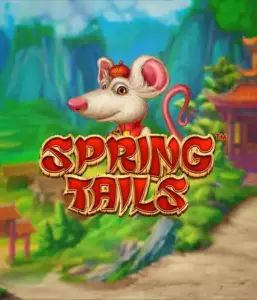 A charming illustration of a white rat wearing a red traditional Chinese outfit standing in a scenic mountain backdrop. The image is for the Spring Tails Slot by Betsoft, showcased with striking gold and red logo text.