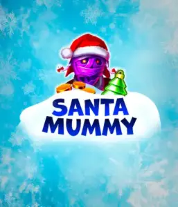  Behold the unique "Santa Mummy" slot game by Belatra, highlighting a Santa-clad mummy dressed in festive holiday attire. This eye-catching image portrays the mummy with a bright purple hue, wearing a Santa hat, against a backdrop of snowy blue and icy snowflakes. The game's title, "Santa Mummy," is prominently displayed in large, icy blue letters.